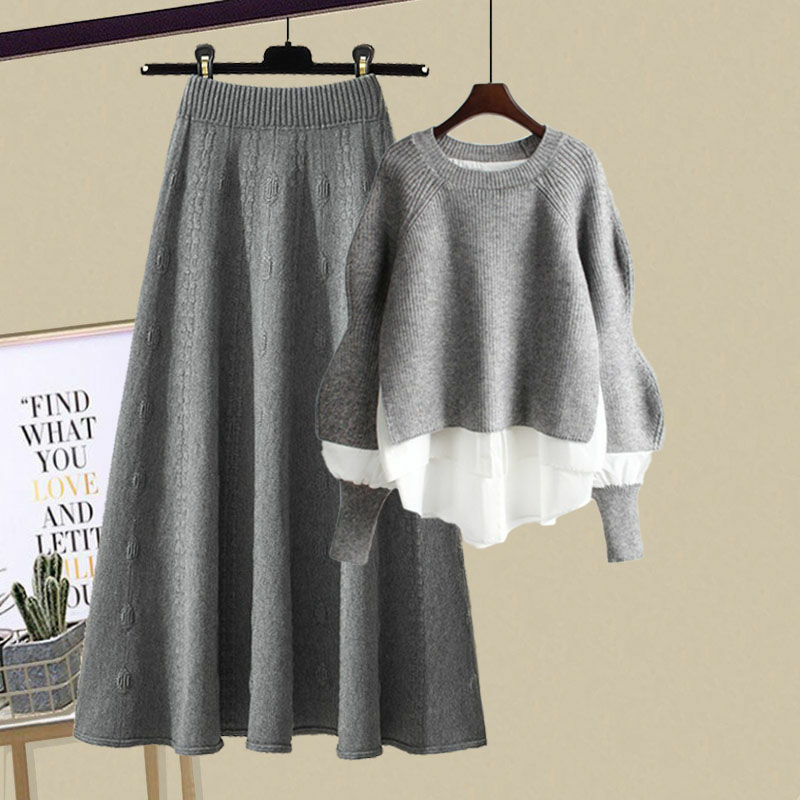 Traje de moda de otoño e invierno para mujer, nueva versión coreana, suéter de punto suelto y falso de dos piezas, falda informal, conjunto de dos piezas 2022