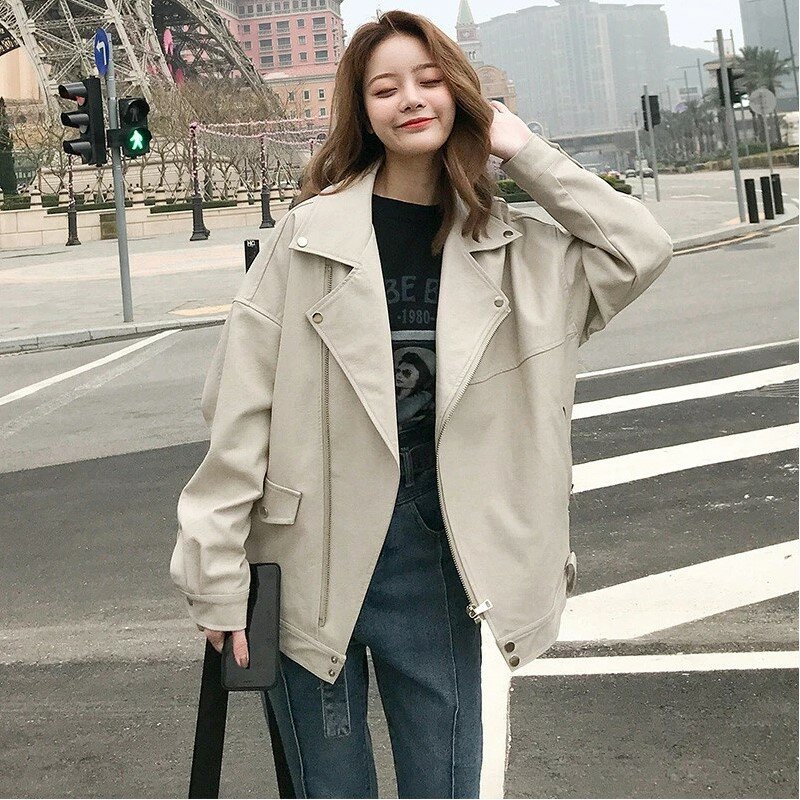 Jaket kulit imitasi wanita kasual PU longgar jaket motor jaket wanita kebesaran mantel Korea Chic 2023 musim semi musim gugur