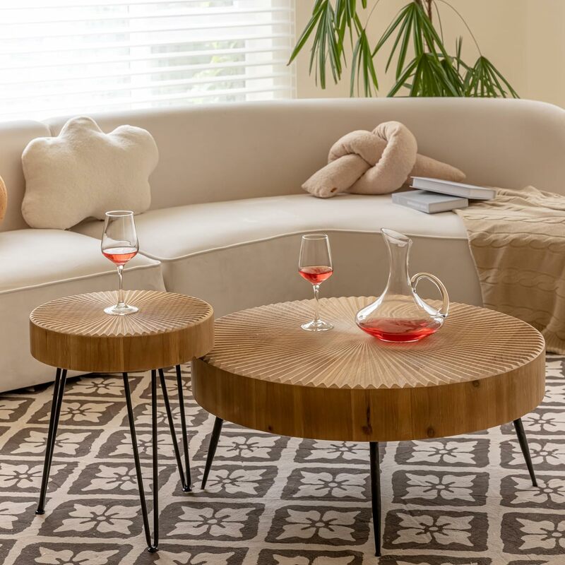 Set tavolino da salotto moderno da 2 pezzi, tavolo da nidificazione finitura naturale rotonda con motivo radiale in legno artigianale