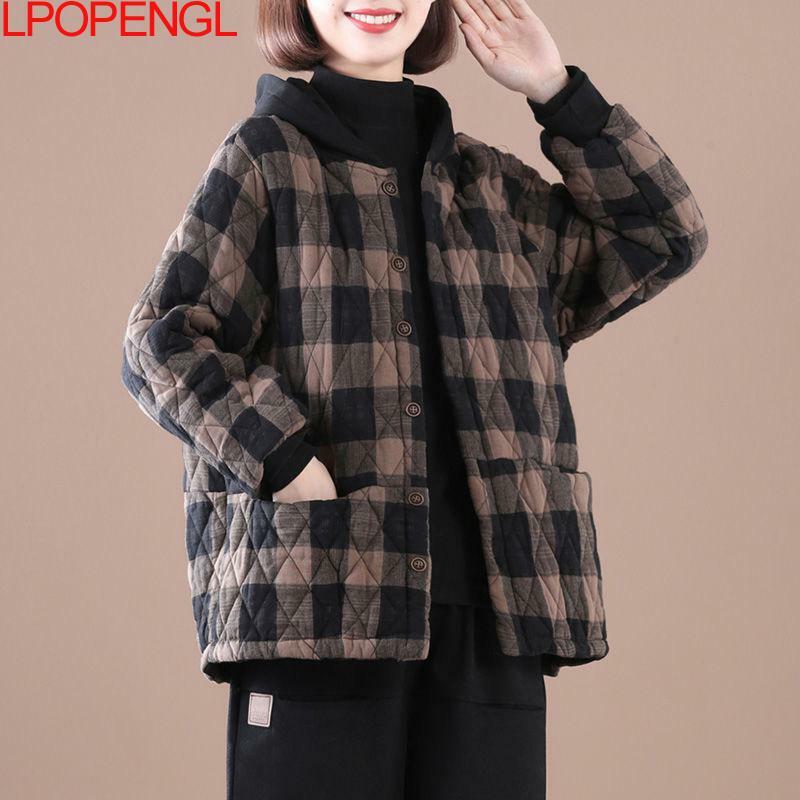 Autumn Winter Warm Plaid And Linen Literary Vintage Women's Loose Cotton Jacket Hooded Single Breasted Coat