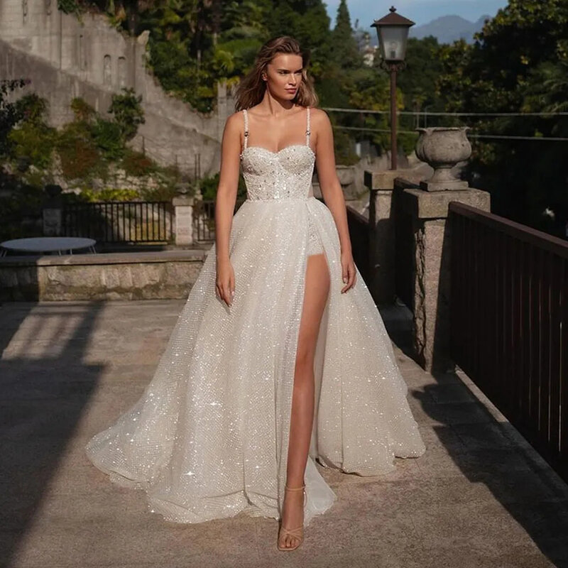 Elegant Spaghetti Straps Beaded Pearls Side Split Wedding Dress for Bride Sparkly A-line Court Wedding Gown robe de mariée