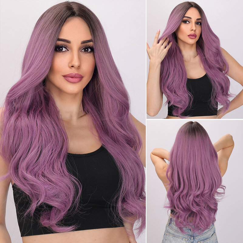 Smilco Light Purple Synthetic Curly Wig For Women Middle Part Long Wave Hair Daily Cosplay Party Natural Heat Resistant Wigs
