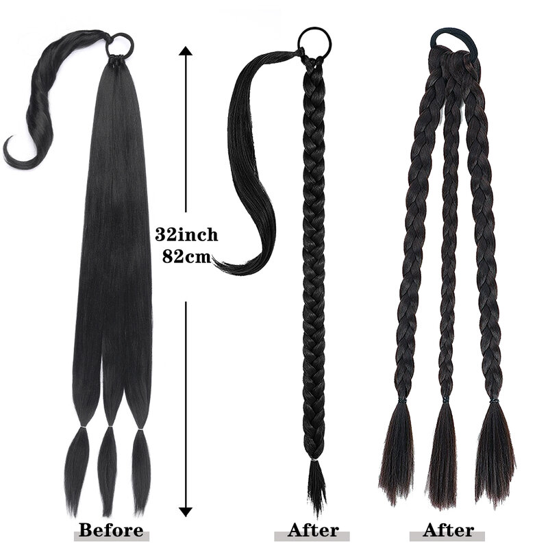 Extensión larga de cola de caballo trenzada DIY con lazo de pelo, extensión de cabello liso envolvente, cola de caballo Natural, cabello sintético suave