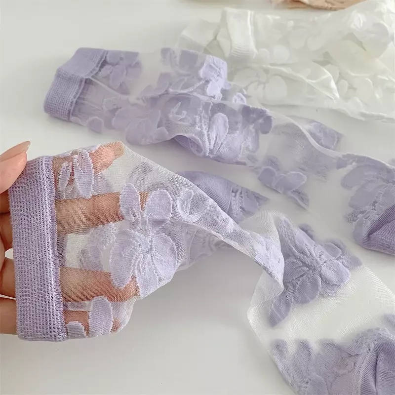 Calcetines de estilo japonés para mujer, medias transparentes de flores, de algodón, transpirables, suaves, simples, 5 pares