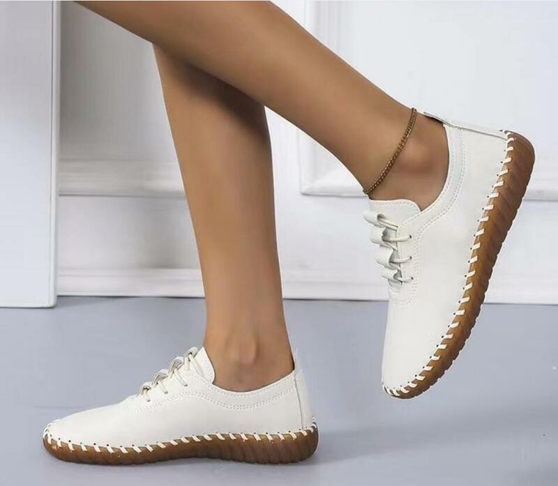 New Women Flats Shoes Platform Black White Lace Up Leather Flats Lace-Up Trend Spring Casual Mom Shoe Casual single shoes Large