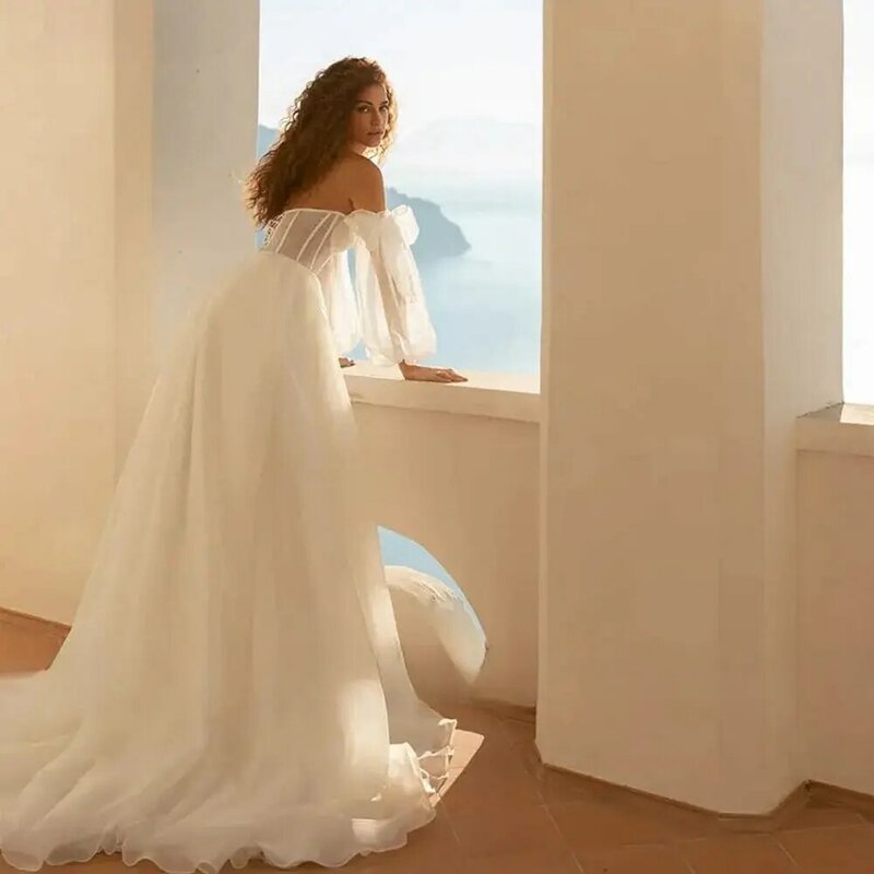 Gaun pernikahan pantai 2024 untuk wanita, gaun pengantin terpisah sisi Organza lengan bengkak panjang dapat dilepas bertali belahan paha belakang