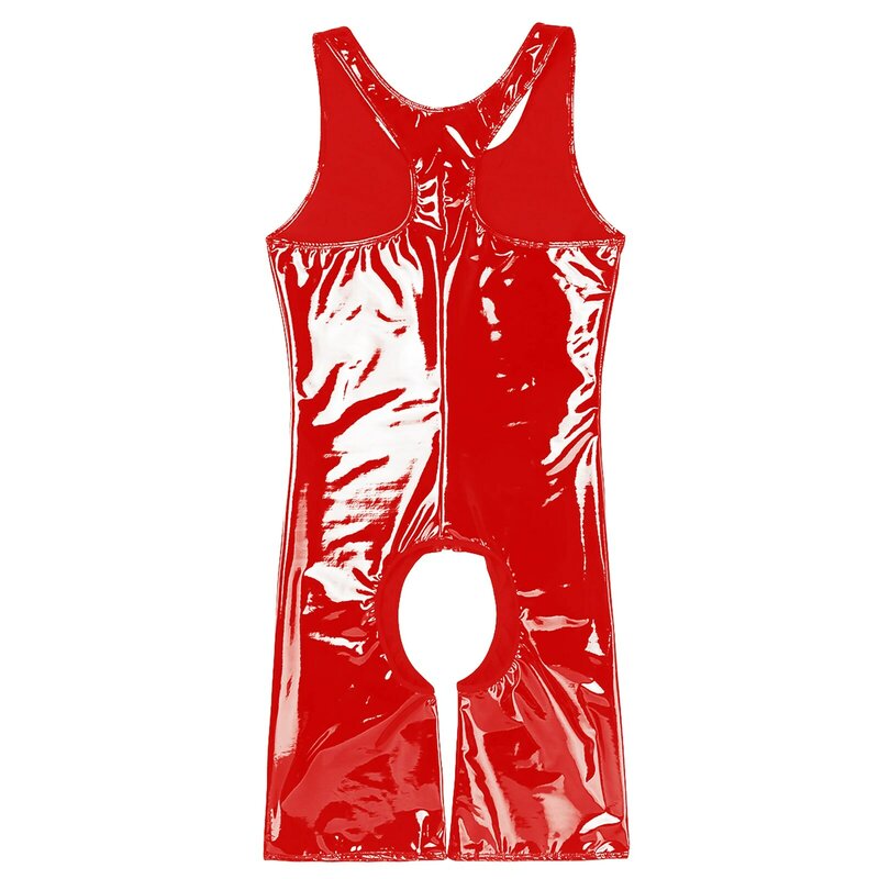 란제리 Mens 프론트 지퍼 Crotchless Singlet Bodysuit Underwear 섹시한 Wetlook 에로틱 한 특허 가죽 복서 팬티 Leotard Costume