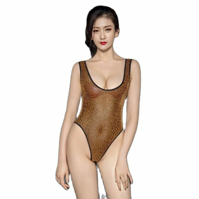 Leopard Gold Yarn See-through Bodysuit Sleeveless Halter Open Crotch Tights Sexy Women One-piece Lingerie