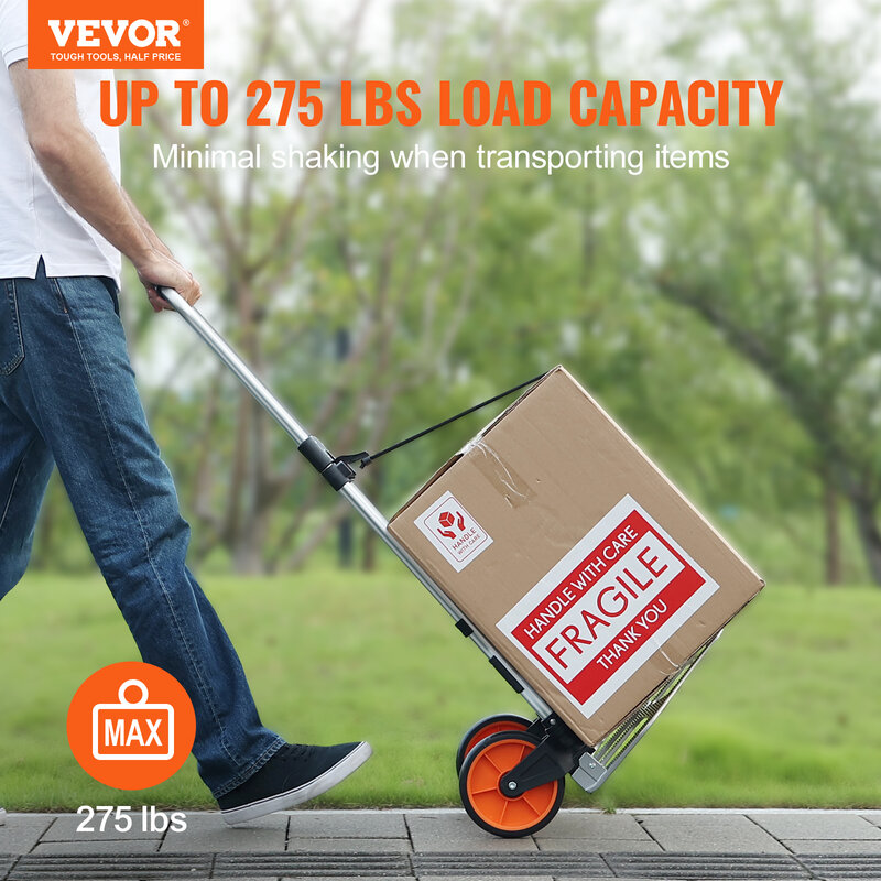 VEVOR 접이식 핸드 트럭 휴대용 카트 돌리, 이동 창고용 접이식 핸들 및 바인딩 로프 포함, 176 lbs, 275/309 lbs