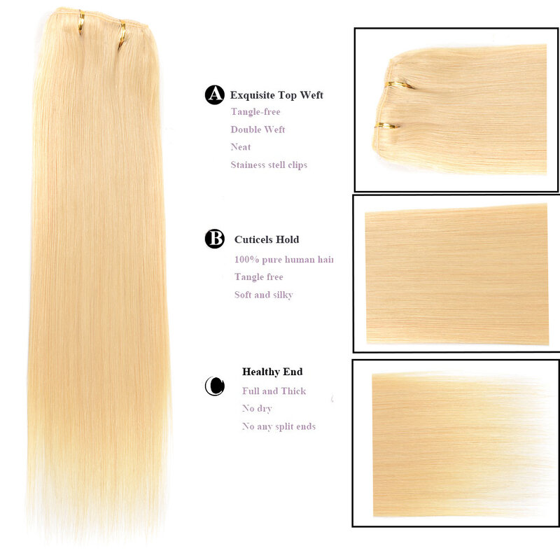 Натуральные прямые человеческие волосы для наращивания, Бразильская машинная работа, #613, белая блондинка, 120 г/комплект, прямые накладные волосы 14-24