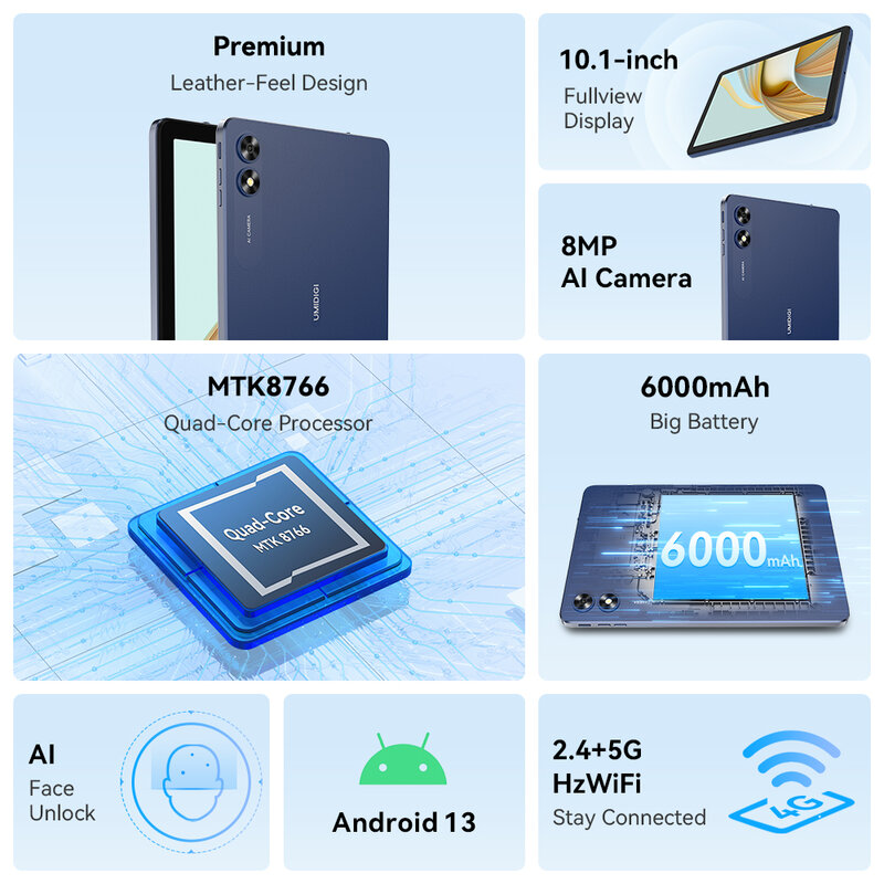UMIDIGI G3 탭 태블릿 PC, 10.1 인치, 3GB RAM, 32GB ROM, MT8766 쿼드 코어, 8MP 카메라, 6000 mAh 배터리, 안드로이드 13