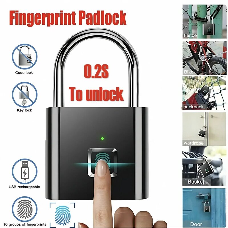 Fingerprint Smart Lock, Keyless, impermeável, Anti-Roubo, Fingerprint Cadeado, Liga de zinco, Segurança Inteligente, Electronic Door Lock
