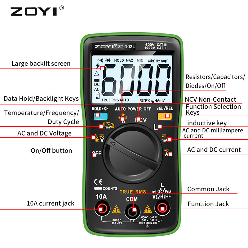 ZOYI-ZT102L Multímetro digital, Alcance Automático, Luz de fundo, AC, Amperímetro DC, Volt, Ohm Tester, Medidor portátil, 6000 contagens, Novo
