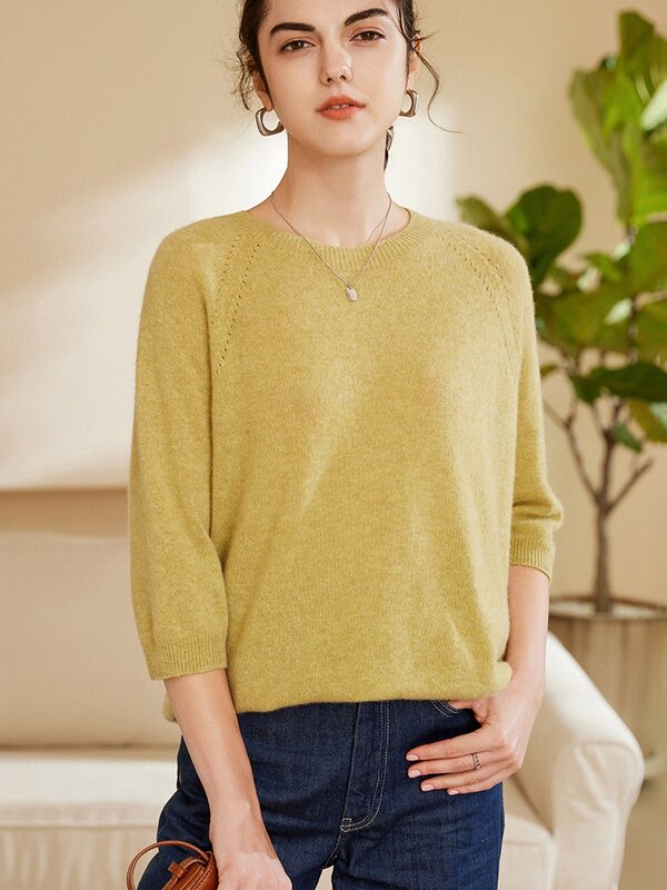 女性用半袖ラウンドネックTシャツ,カシミアのナイトウェア,無地,春と夏,コレクション100%