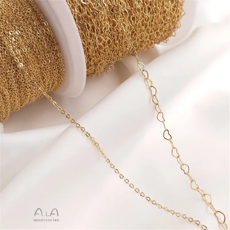 Cadena chapada en oro de 14 quilates, cadena de corazón de melocotón, collar hecho a mano, pulsera de extensión, material de adorno de arco