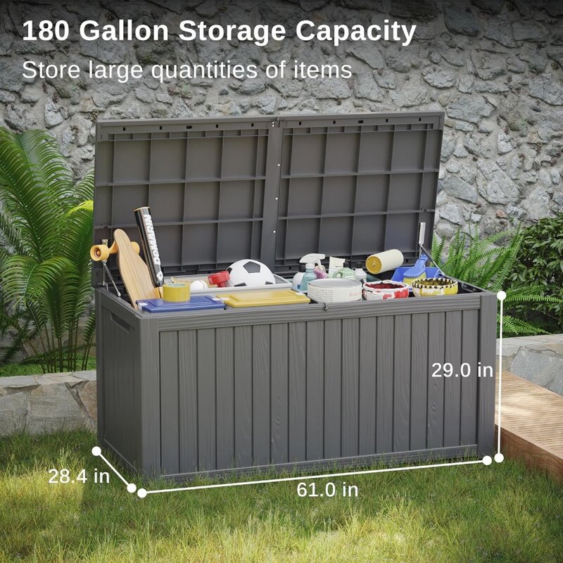 New-EAST OAK 180 Gallon Deck Box, Outdoor Storage Box With Padlock for Patio Furniture, Patio Cushions, Gardening Tools, Grey