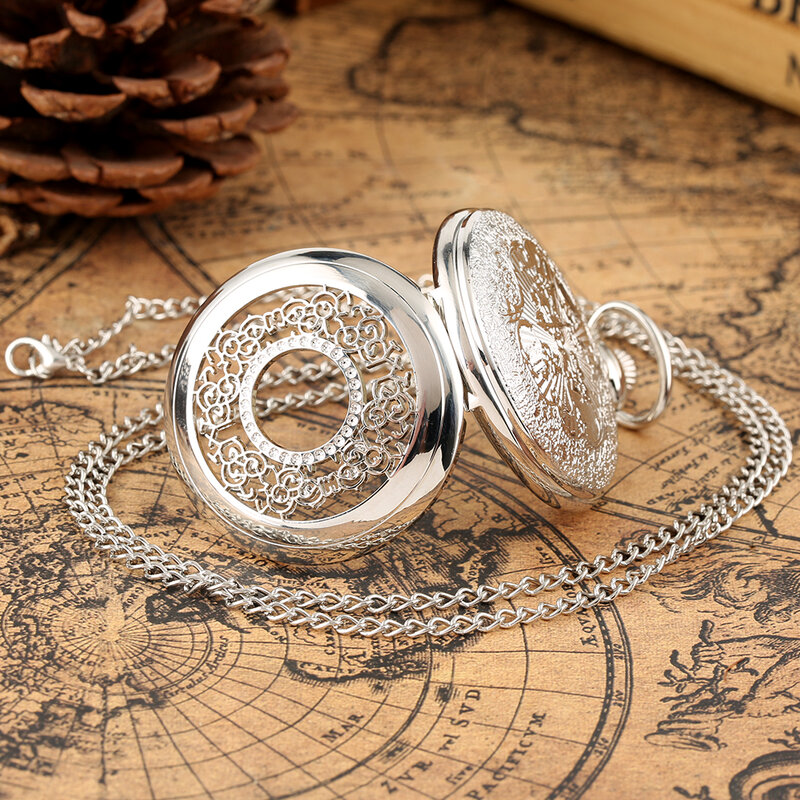 Elegante orologio da tasca Steampunk al quarzo cavo con motivo argento numeri romani collana con fiori analogici luminosi orologio a catena FOB ora
