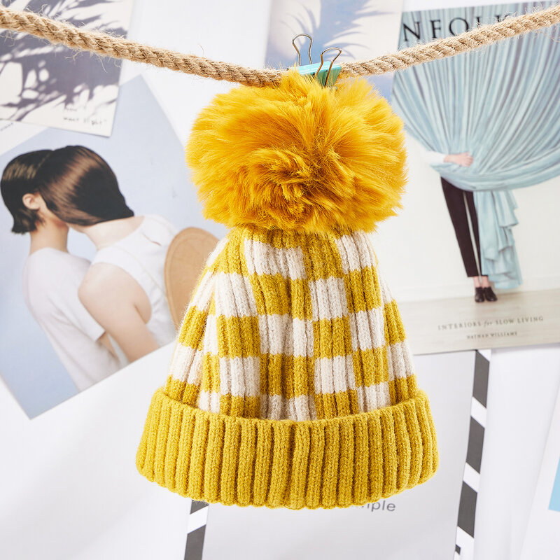 Winter Children'S Knitting Pullover Cap Little Boy and Girl'S Two-Color Checkerboard Wool Pompon Decorative Windproof Warm Cap