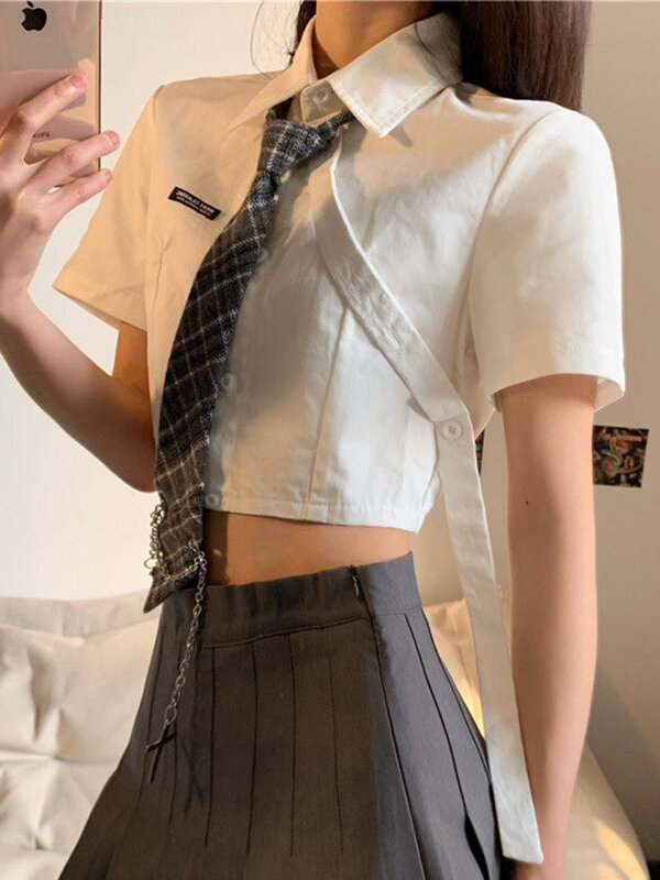 Zoki Jk Tie 여성용 섹시한 크롭 셔츠, 프레피 스타일, 귀여운 블라우스, 일본 캐주얼 반팔 패션, 카와이 상의