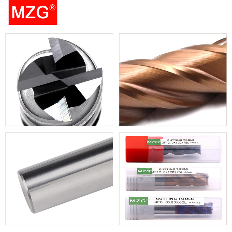 MZG HRC 45 55 65 2 Tepi 4 Seruling Persegi Pemotong Penggilingan Titanium Mesin CNC Keras Paduan Karbida Alat Tungsten Steel End Mill
