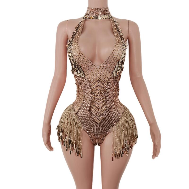 Vestito da discoteca Sexy scollo a V profondo paillettes body per le donne Sparkly strass body Dance Costume Stage Wear Performance
