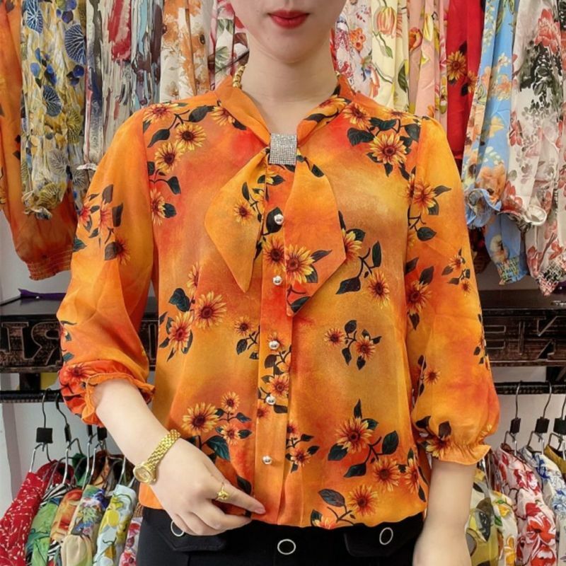 Женская шифоновая блузка на пуговицах, элегантная Свободная блузка с воротником-шарфом и принтом бриллиантов, лето 2024