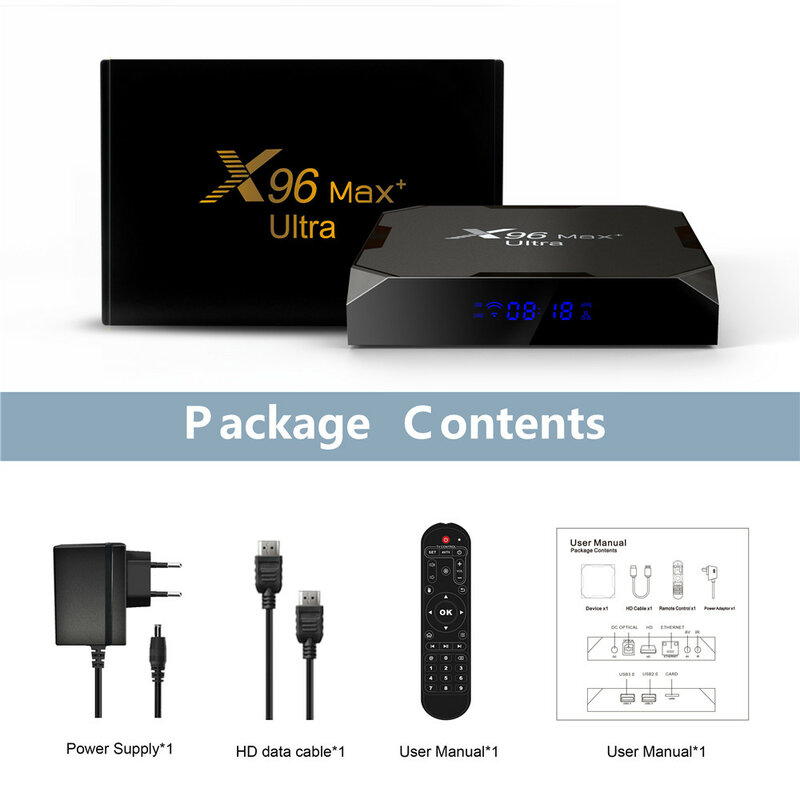 Caixa de TV X96 MAX Plus Ultra 8K, Android 11, Amlogic S905X4, Quad Core, 4GB, 64GB, AV1, Media Player, Dual WiFi, BT, HDR 10, rápido Set Top Box