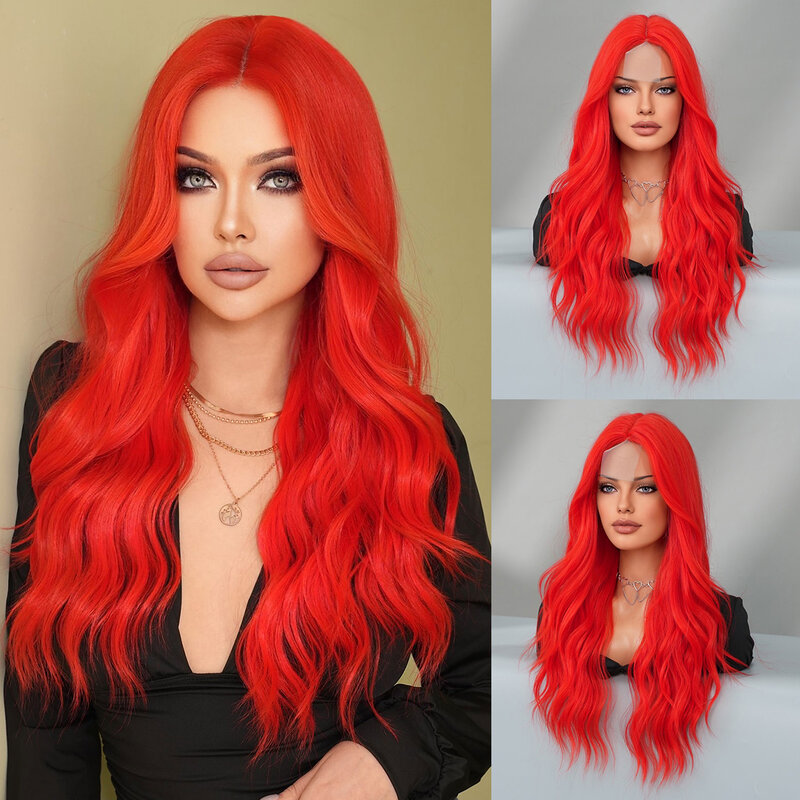 Wig 7JHH rambut sintetis Lace Front Wig untuk wanita gelombang air panjang bagian tengah Wig merah kepadatan tinggi berbulu HD renda Wig Frontal