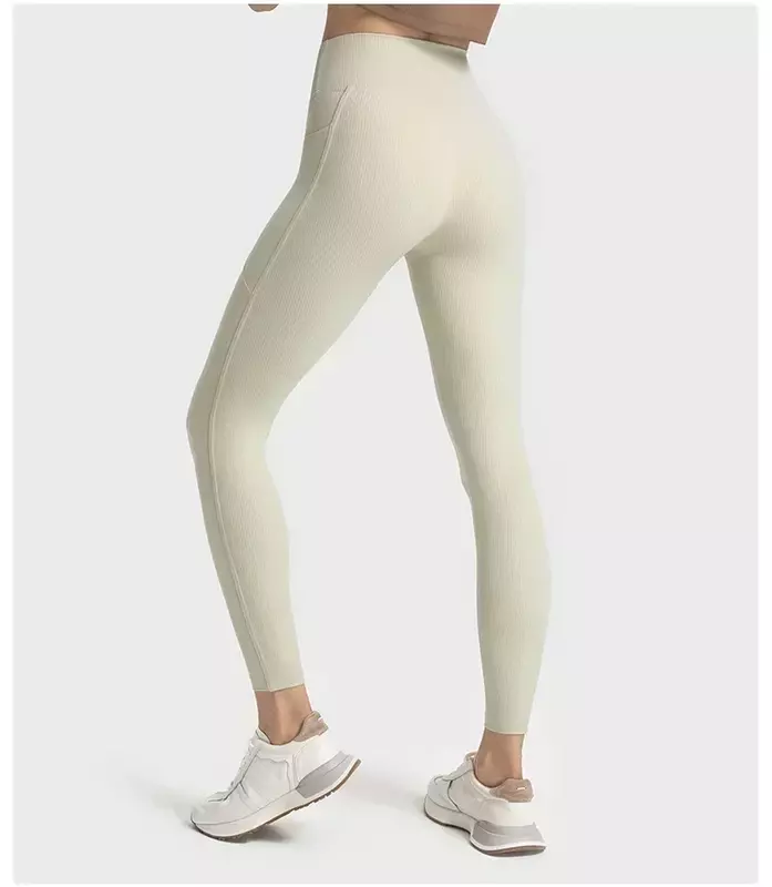 Lemon Women High Waist Ribbed Fabric Leggings with Pockets Gym Running Sport Yoga Pants Outdoor Jogging Sport Tights Trousers
