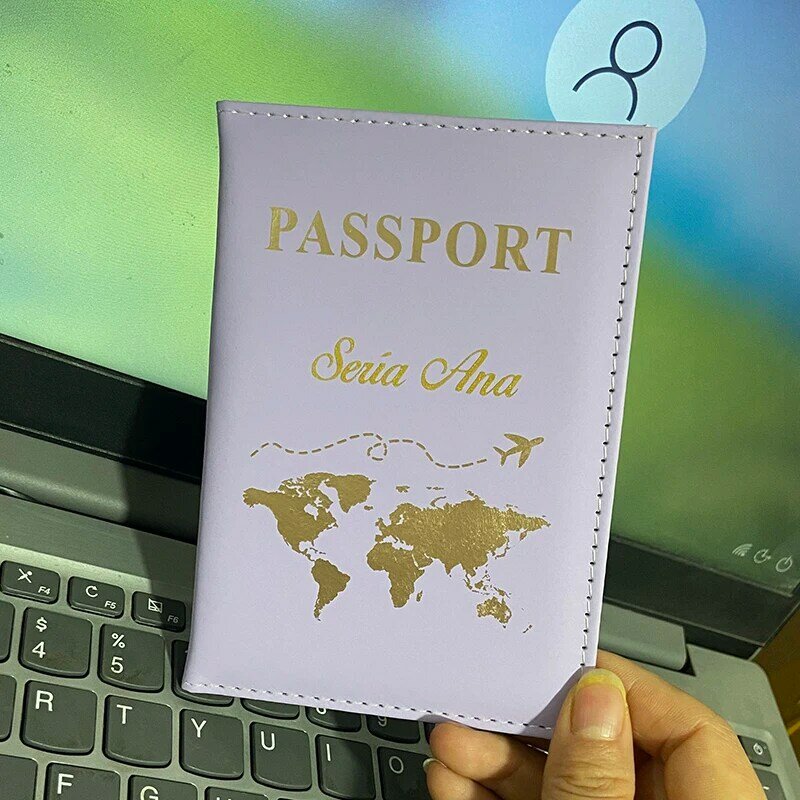 Funda de pasaporte con mapa con nombre personalizado, billetera de viaje, fundas para pasaporte con letras doradas