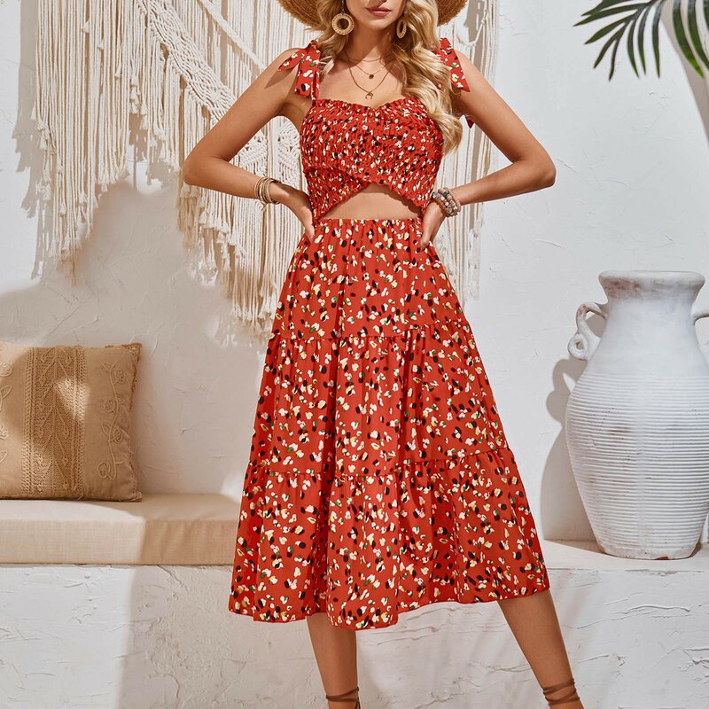 Women‘s Casual Printed Strap Long Dress Summer Sleeveless A-Line Hollow Out Maxi Dress Female Bohemian Beach Backless Dresses