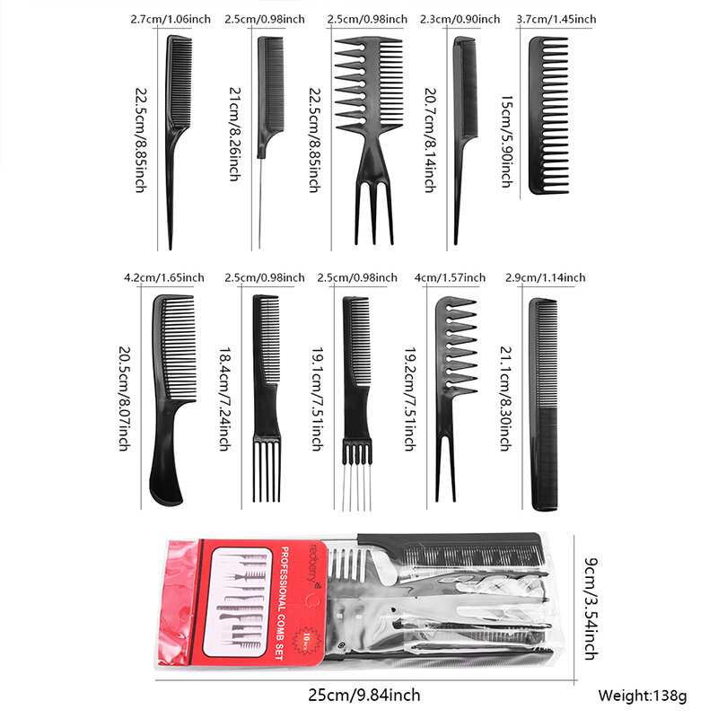 Set di pettini per lo Styling dei capelli da 10 pezzi spazzola per parrucchieri nera barbieri forniture antistatiche per barbiere all'ingrosso