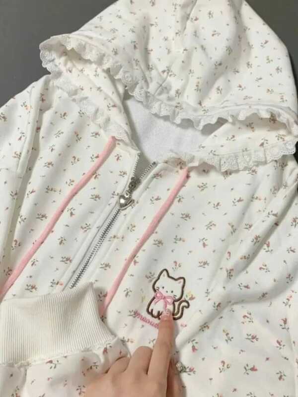 HOUZHOU-Sudadera con capucha Kawaii para mujer, suéter Harajuku con estampado Floral, bordado de gato, cremallera, moda japonesa