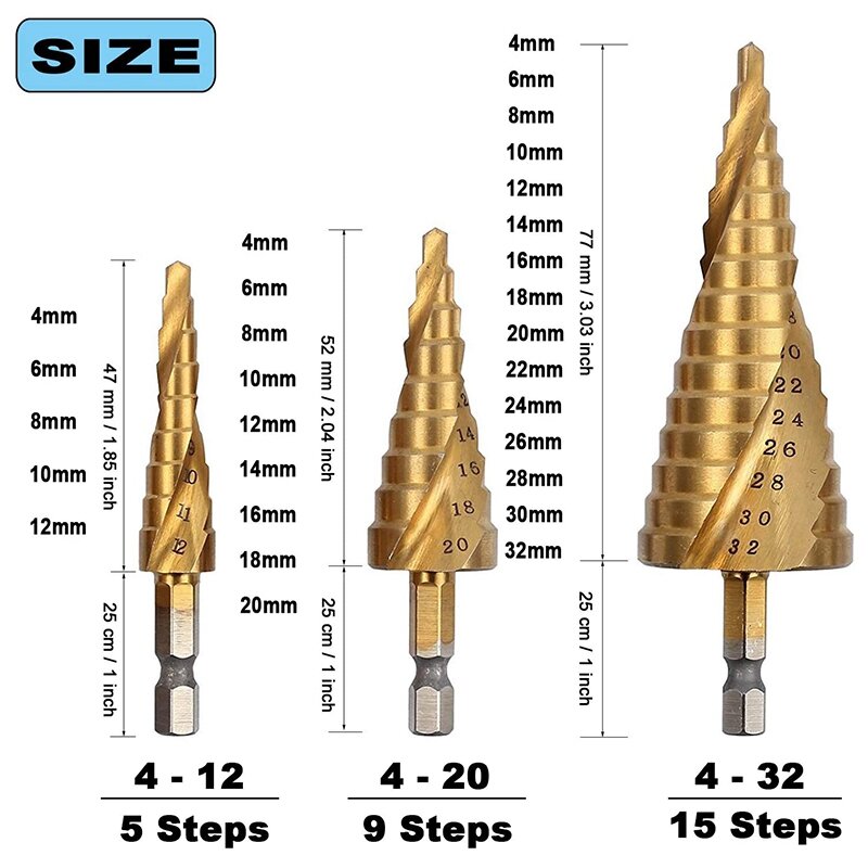6Pcs Titanium Hex Step Drill Bit Set 4-12/20/32Mm Metal Hole Cutter Wood Cone Core Drilling Hole Saw Tool+Saw Drills