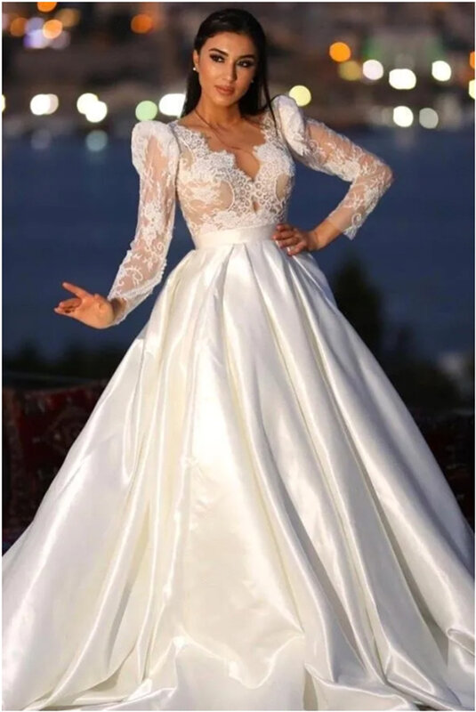 Vestido de novia de encaje con cuello en V para mujer, traje largo de satén liso, blanco, 2024