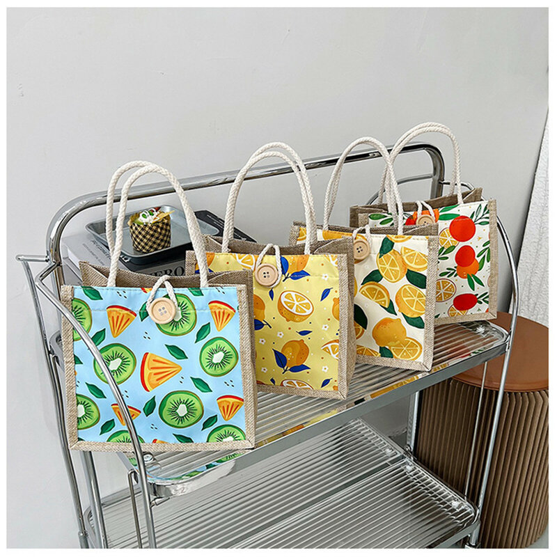 Leinen Knopf Vintage Handtasche Frauen Tasche große Kapazität Lebensmittel Geschenk Tasche Strand Veranstalter tragbare Shopping Lunch Bag Obst Druck