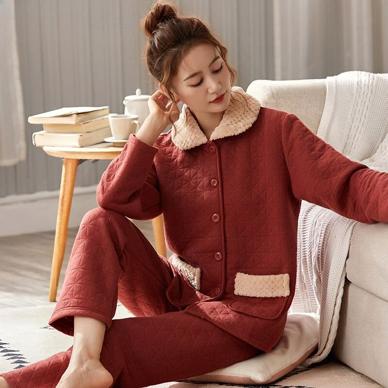 2024 New Women Sandwich Pajamas Autumn Winter Loose Long Sleeve Casual Homewear Middle-Aged Mom Large Size Warm Sleepwear Suit