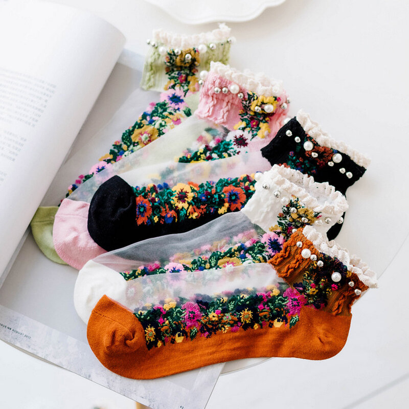 Meias Lolita moda para mulheres, boca rasa, meias pérola primavera, meias curtas, flores bordadas, meias barco
