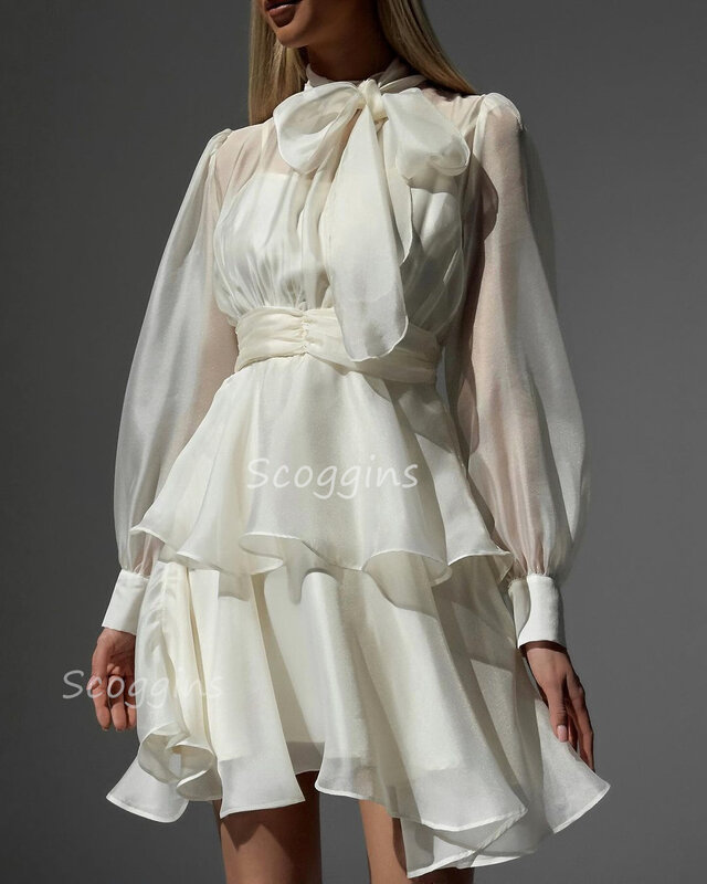 Vestidos de noite brancos com tiras de fita, mangas compridas, zíper curto, ocasião formal, A-Line