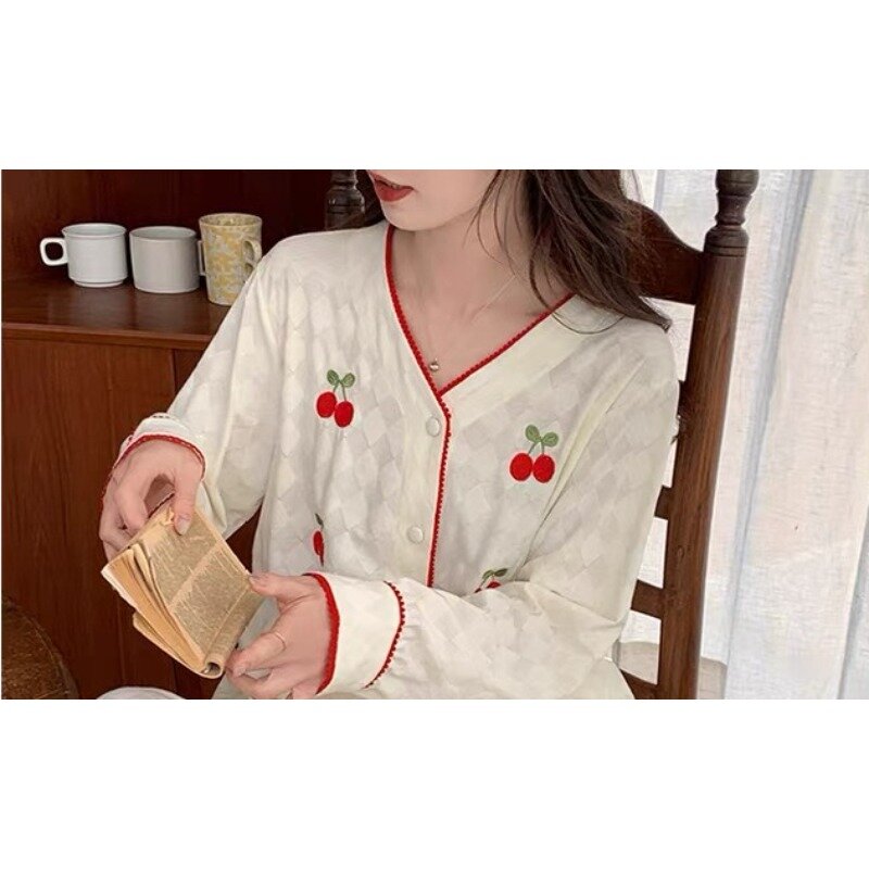 Long-sleeved Trousers Ladies Cotton Pajamas Sweet Fashion Sleepwear Cherry Embroidery Homewear Spring Autumn Loungewear Suit