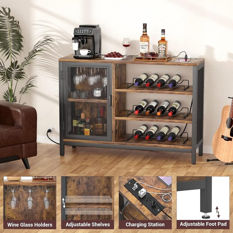 خزانة بار نبيذ مع منافذ طاقة ، خزانة مزرعة مع رفوف نبيذ قابلة للإزالة ، بني ريفي ، نظارات خمور