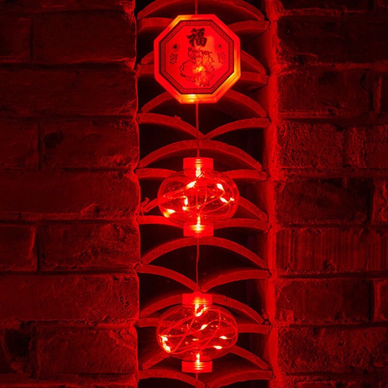 โคมไฟ LED 2ชิ้นสำหรับปีใหม่ไฟระย้าโคมไฟแบบสายโคมไฟสีแดงของตกแต่งในวันตรุษจีน