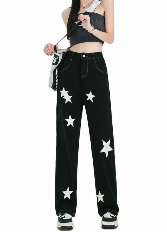 Women's Harajuku Aesthetic  Retro Denim Trousers  Wide Jean Pants High Street Instagram Style Black starry Wide Legged Jeans