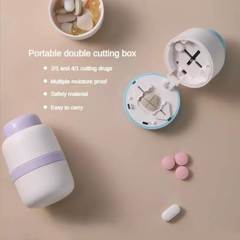 Tragbare 2-in-1-Pillenbox mit Pillen schneider zum Schneiden kleiner Pillen oder großer Pillen in Halb-und Viertel form, Reisepillen-Organizer-Etui