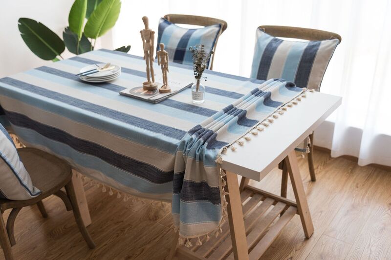 Tovaglia con nappe a righe cuciture rettangolo copritavolo in tessuto di lino di cotone per la festa impermeabile da tavolo da pranzo in cucina