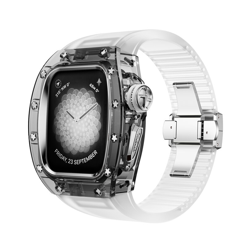 Funda transparente de cristal para Apple Watch, correa de goma de Fluororubber para iWatch 9, 8, 7, 6, 5, 4 Se, transparente, 45mm, 44mm, K9