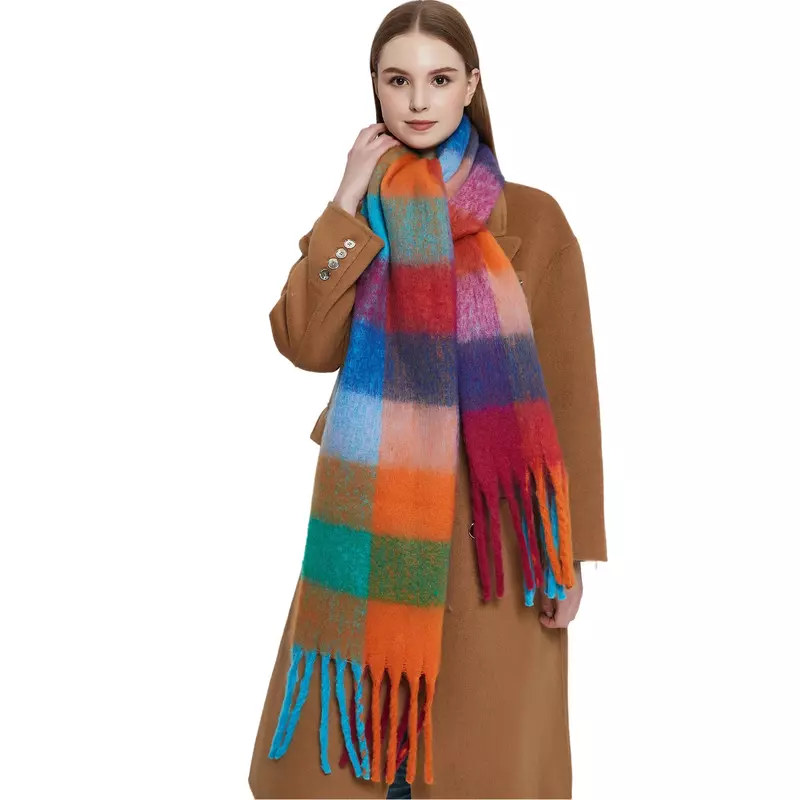 Jesień i zima pogrubiony damski szal imitacja moheru kolorowa krata szalik z frędzlami miękki szal w stylu europejskim