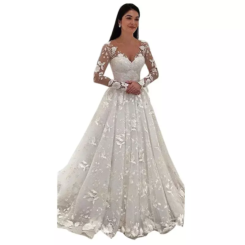 Новинка 2024, свадебные платья с высокой талией, роскошное кружевное платье с глубоким V-образным вырезом и длинным рукавом, длинное платье, свадебные платья для подружки невесты