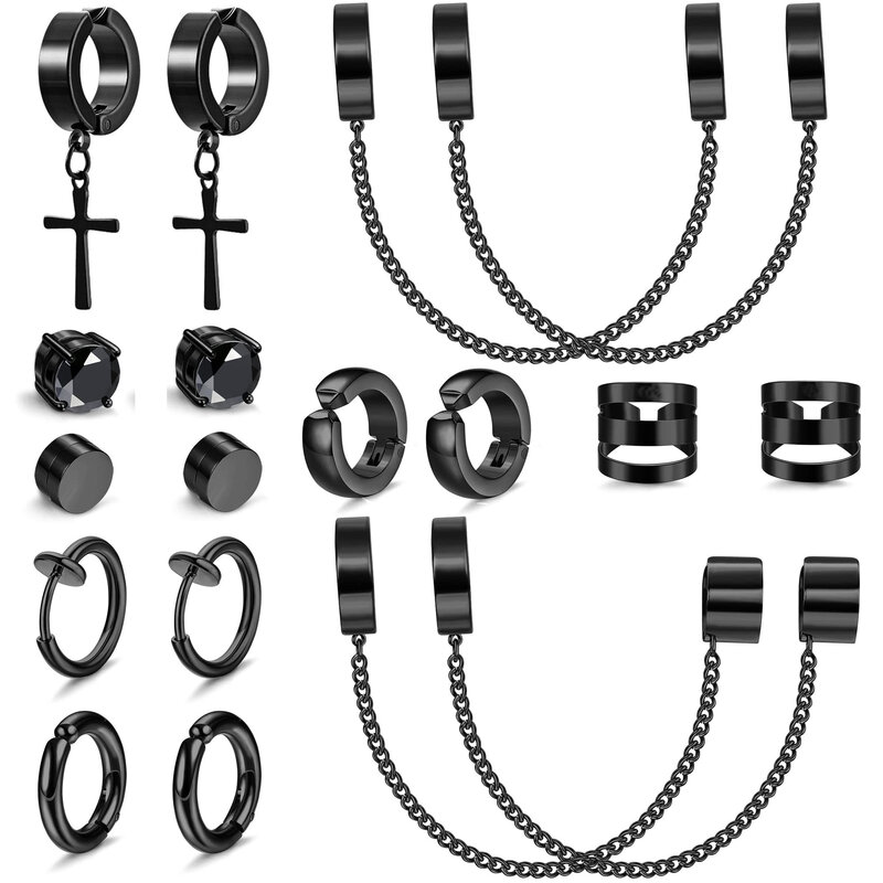 CZ Magnetic Stud Brincos Set, cor preta, Non-Piercing, Cadeia Cruz, Dangle, Hoop, Aço Inoxidável 316L, 1 a 9 pares