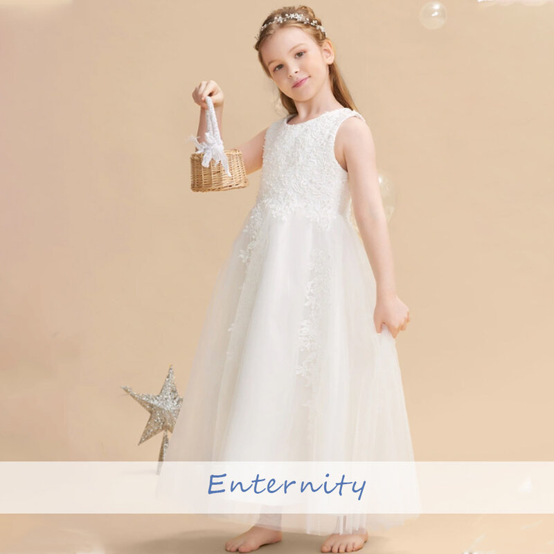 Princesse Enfant A-line gaun perempuan bunga applique renda gaun panjang lantai tanpa lengan cantik pakaian bayi ritsleting